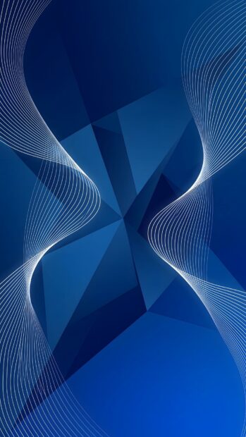 An abstract tech wallpaper blue featuring elegant wavy white lines over a geometric polygonal dark blue background
