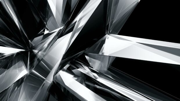 An abstract wallpaper showcasing a dynamic pattern of black and white shattered glass shards with sharp edges