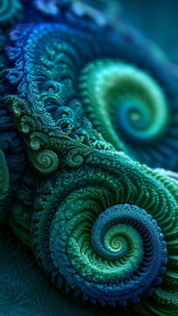 A highly detailed abstract wallpaper featuring intricate blue and green fractal spirals with a textured surface
