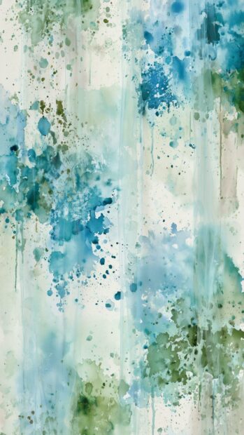 A refreshing abstract wallpaper showcasing blue and green watercolor splashes and drips on a light background