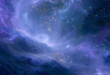 An ethereal abstract wallpaper depicting a cosmic nebula with swirling blue and purple gases and twinkling stars