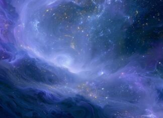 An ethereal abstract wallpaper depicting a cosmic nebula with swirling blue and purple gases and twinkling stars