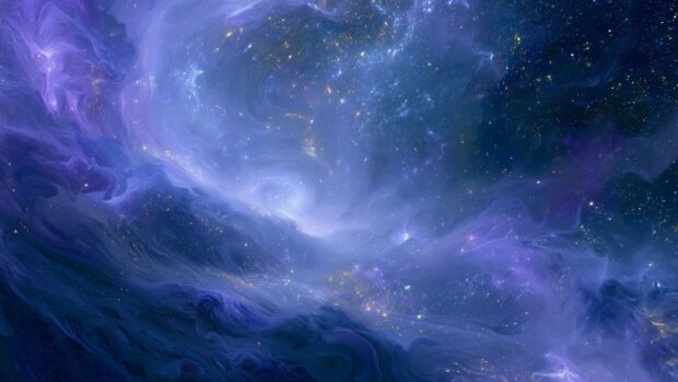 An ethereal abstract wallpaper depicting a cosmic nebula with swirling blue and purple gases and twinkling stars