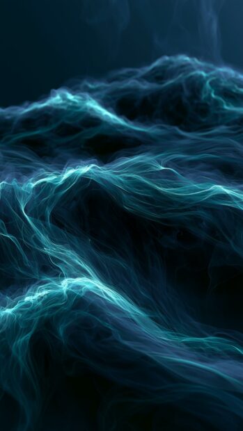 An abstract wallpaper depicting dark blue and glowing teal smoke waves with an ethereal, flowing appearance