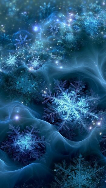 Abstract wallpaper featuring glowing blue snowflakes with sparkling light effects and ethereal wisps on a dark background