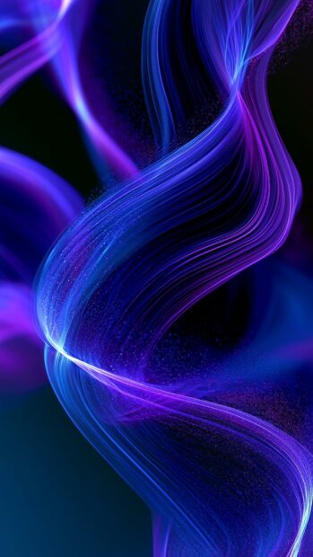 A vibrant abstract wallpaper showcasing glowing purple and blue fluid lines with sparkling particles on a dark background