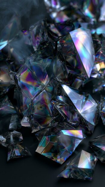A stunning abstract wallpaper featuring iridescent crystal shards reflecting a spectrum of colors on a dark background