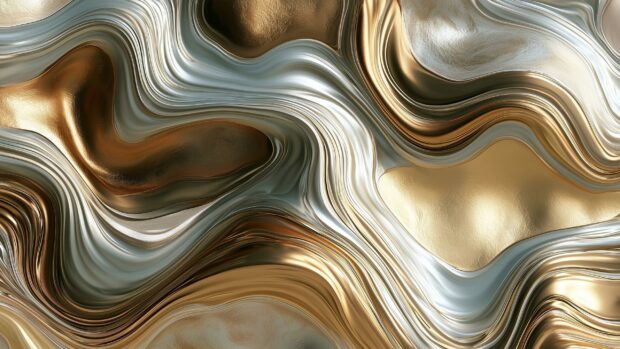 A luxurious abstract wallpaper displaying intricate metallic swirls in shimmering gold and silver liquid textures