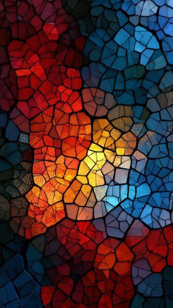 An Abstract Wallpaper depicting a mosaic stained glass pattern with glowing red, orange, yellow, and blue geometric shapes