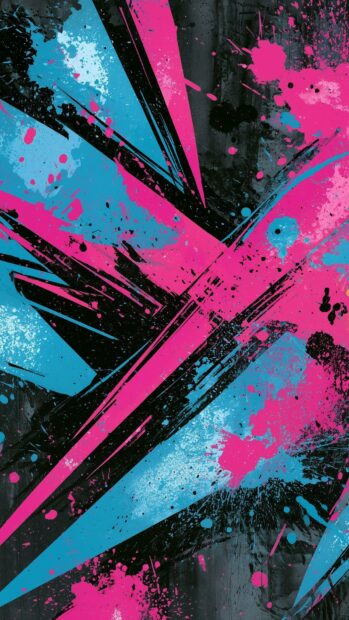 Abstract wallpaper with energetic pink and blue paint splatters and sharp geometric lines on a dark background