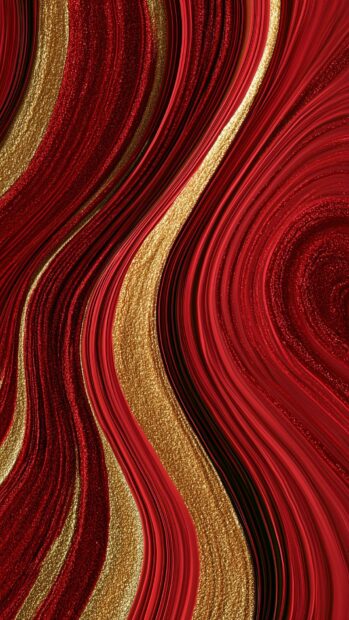 This vibrant abstract wallpaper features bold red and sparkling gold glitter waves flowing vertically