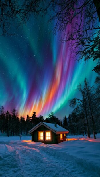 Aesthetic Christmas wallpaper showcasing a cozy cabin under vibrant Northern Lights in a snowy forest