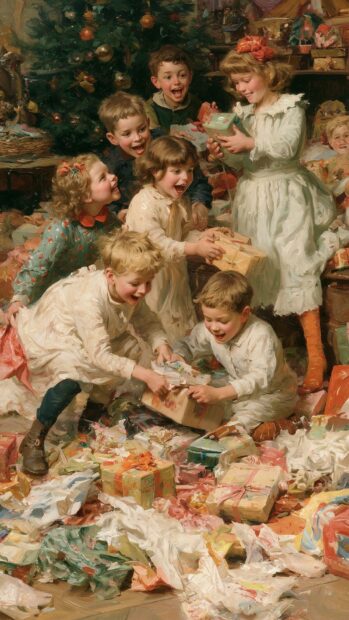 An aesthetic Christmas wallpaper featuring a classic painting of joyful children opening presents around a Christmas tree