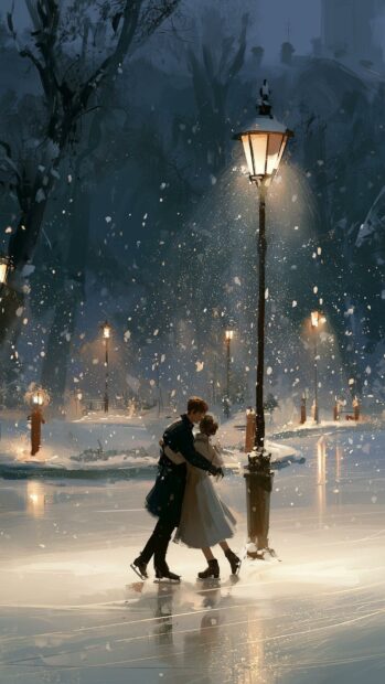 Aesthetic Christmas wallpaper featuring a couple ice skating under a street lamp in a snowy winter night