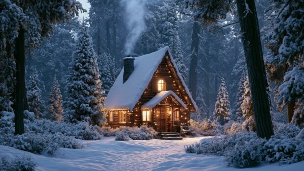 Aesthetic Christmas wallpaper depicting a cozy log cabin with festive lights in a snowy forest