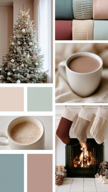 A cozy aesthetic Christmas wallpaper collage showcasing a decorated tree, hot chocolate, and stockings by a fireplace