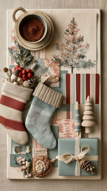 An aesthetic Christmas wallpaper featuring a cozy flat lay of stockings, hot chocolate, and holiday decorations