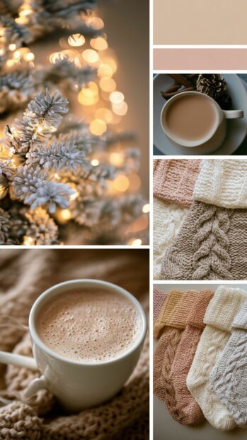 Aesthetic Christmas wallpaper with a collage of cozy knitted textures, coffee, and festive bokeh lights