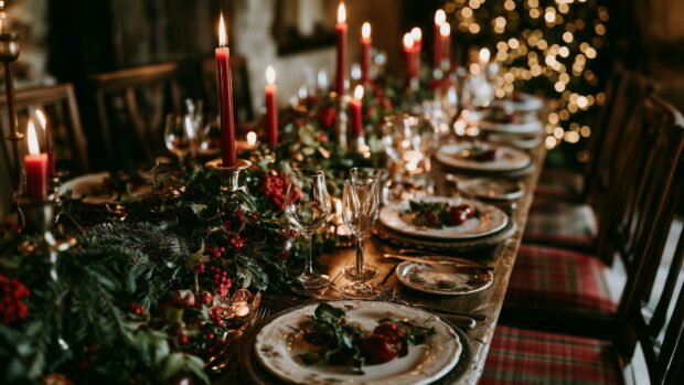 Aesthetic Christmas wallpaper of a festive dining table adorned with red candles, evergreen garlands, and elegant place settings