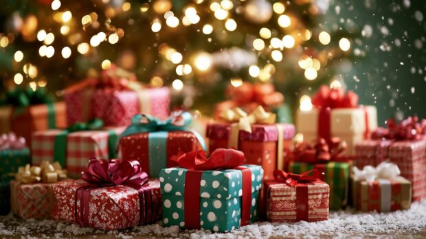 Aesthetic Christmas wallpaper displaying colorful wrapped gifts on a snowy surface with blurred bokeh lights in the background