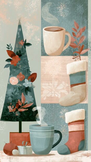 An aesthetic Christmas wallpaper illustration featuring a stylized tree, festive mugs, and stockings in muted colors