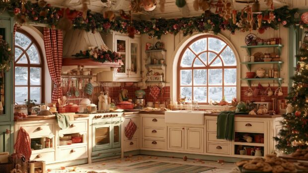 Aesthetic Christmas wallpaper of a cozy kitchen decorated with festive garlands, red accents, and snow visible through arched windows