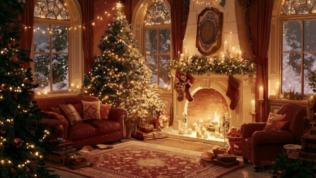 Aesthetic Christmas wallpaper showcasing a cozy living room with a lit Christmas tree, a festive fireplace, and candles