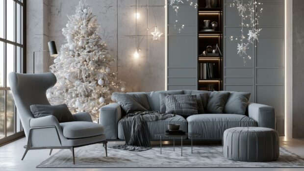 A chic aesthetic Christmas wallpaper showcasing a modern living room with a white Christmas tree and grey furniture