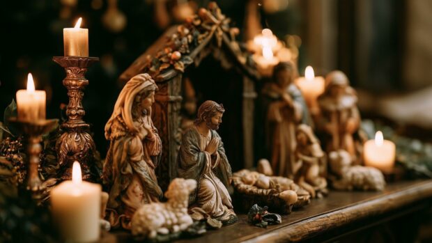 A warm aesthetic Christmas wallpaper displaying a detailed nativity scene with glowing candles