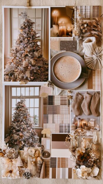 Aesthetic Christmas wallpaper showcasing a neutral brown collage with decorated trees, candles, coffee, and knitted socks
