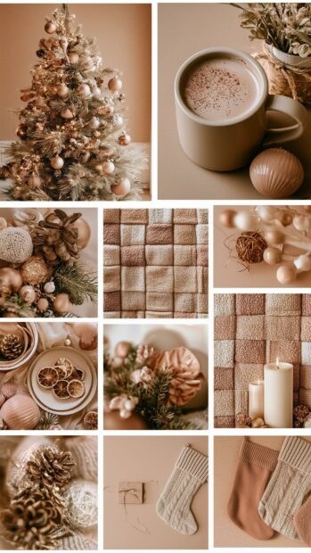 An aesthetic Christmas wallpaper showcasing a collage of neutral-toned holiday decorations and a festive tree
