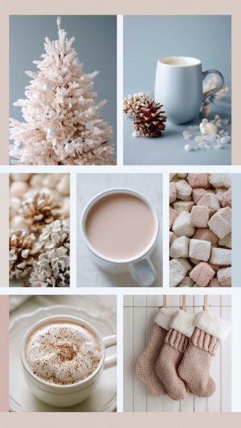 Aesthetic Christmas wallpaper featuring a pastel collage of a white Christmas tree, hot chocolate, marshmallows, and knitted stockings