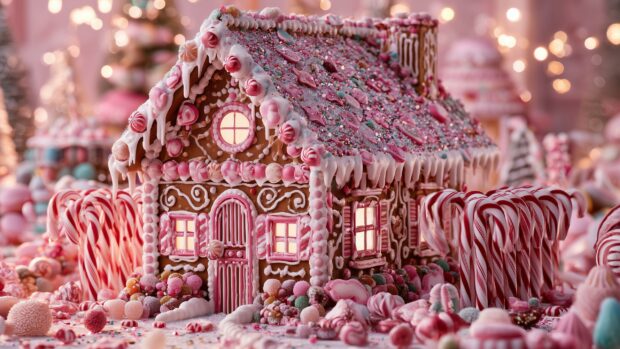 Aesthetic Christmas Wallpaper featuring a whimsical pink gingerbread house adorned with sweet candy decorations