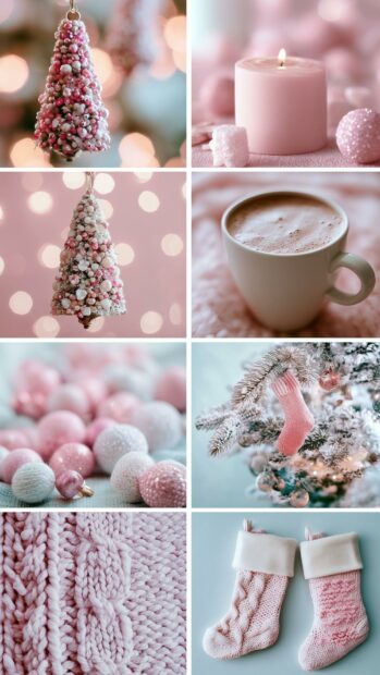 A pink aesthetic Christmas wallpaper collage featuring pastel trees, candles, ornaments, and knitted stockings