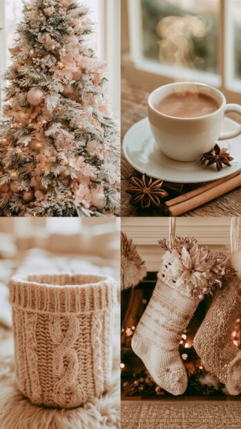 Aesthetic Christmas wallpaper featuring a pink decorated tree, a warm drink with spices, and knitted stockings