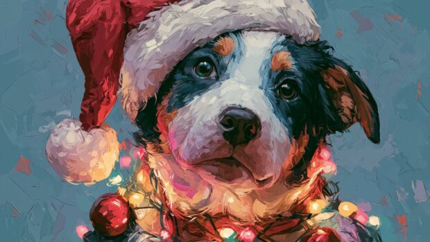 Aesthetic Christmas wallpaper featuring a cute puppy wearing a Santa hat and festive lights
