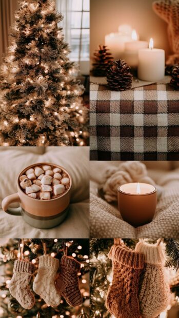 A rustic aesthetic Christmas wallpaper collage featuring warm tree lights, candles, hot chocolate, and knitted stockings