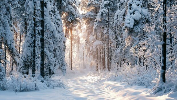 Aesthetic Christmas wallpaper showing a tranquil snowy forest path with sunlight filtering through the trees