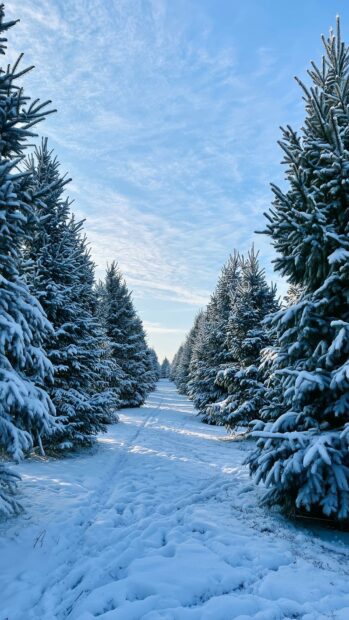 Aesthetic Christmas Wallpaper featuring a serene snowy path lined with tall evergreen trees under a bright blue sky
