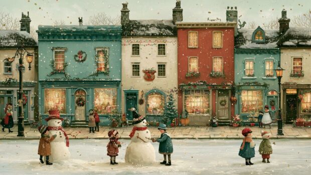A delightful aesthetic Christmas wallpaper featuring a snowy street with colorful houses and children building snowmen