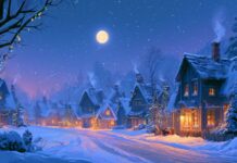A beautiful aesthetic Christmas wallpaper featuring a snowy village at night under a full moon with twinkling lights