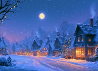 A beautiful aesthetic Christmas wallpaper featuring a snowy village at night under a full moon with twinkling lights