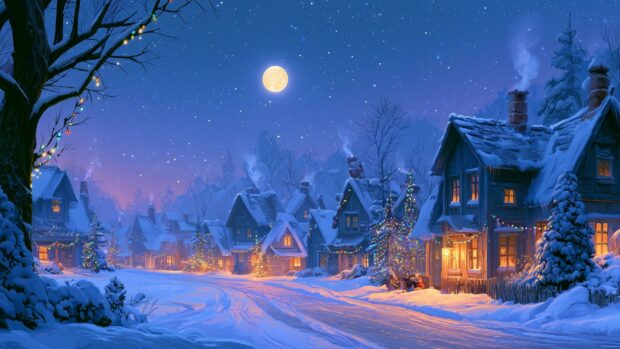 A beautiful aesthetic Christmas wallpaper featuring a snowy village at night under a full moon with twinkling lights