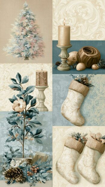 An aesthetic Christmas wallpaper collage featuring pastel trees, candles, and vintage stockings in a soft art style