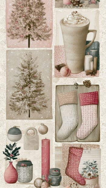 An aesthetic Christmas wallpaper featuring a vintage-style collage with painted trees, stockings, and holiday elements