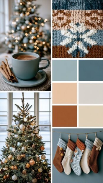 An aesthetic Christmas wallpaper collage with bokeh lights, a cozy mug, knitted patterns, and decorated trees