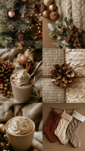 An aesthetic Christmas wallpaper featuring a warm, cozy collage of pinecones, hot chocolate, and knitted holiday textures