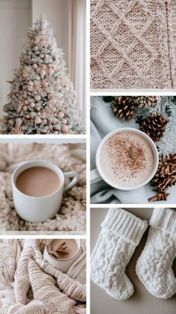 Aesthetic Christmas wallpaper featuring a white decorated tree, knitted patterns, coffee cups, and white stockings