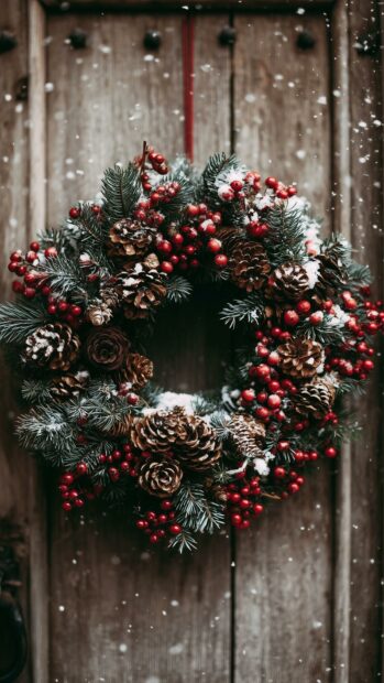Aesthetic Christmas wallpaper featuring a rustic door with a festive wreath of red berries, pinecones, and snow