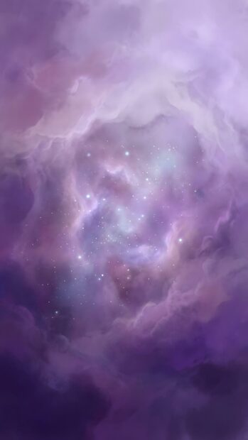 An aesthetic purple wallpaper featuring an abstract nebula or cloud formation with soft, glowing stars in the center. The background transitions from deep purple to lighter lavender hues